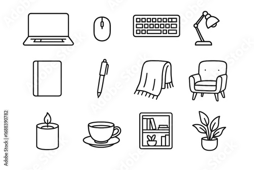 Bookshelf mouse desk vector cushioned pen home cozy plant icon office chair