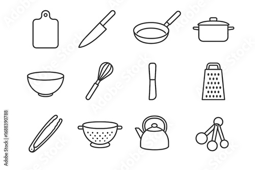 Kitchen frying icons vector chef icon bowl minimalist board kettle tongs measuring