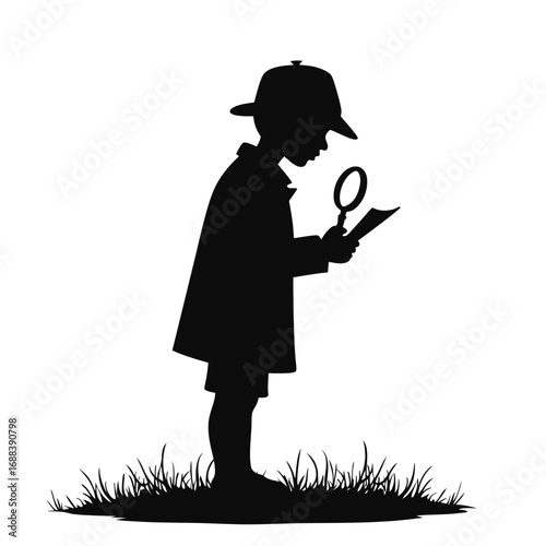 Boy detective silhouette with magnifying glass examining paper