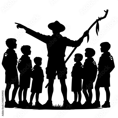 Black and White Vector Silhouette of Scout Leader with Stick