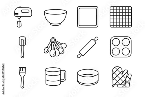 Vector mixer sifter home cooling oven icon spatula pan flour icons baking