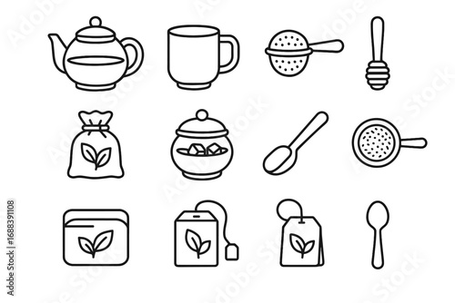 Vector ceramic tea icon herbal dipper glass strainer bowl teaspoon scoop
