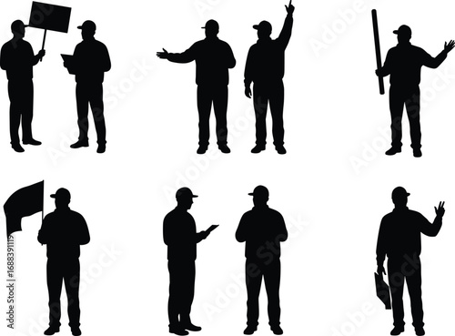 Silhouettes of two men in various poses holding signs, flags, batons, and clipboards, communication, teamwork, and protest concepts