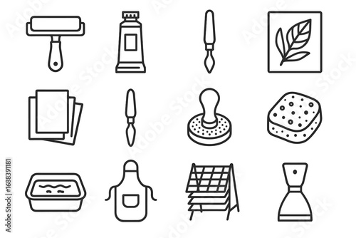 Scraper icon printing tools tray knife printmaking roller sheets icons vector baren