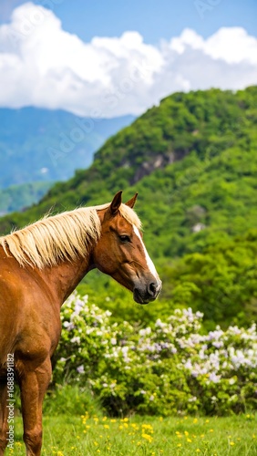 Horse in a spring meadow, mountains in background