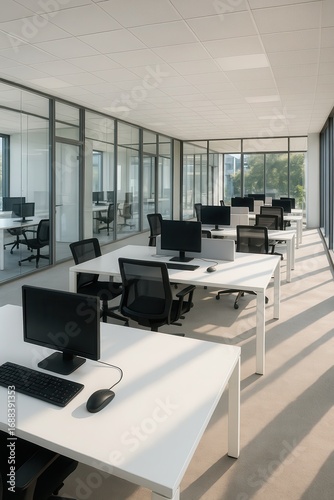 Modern Office Interior: A bright, contemporary office space filled with rows of minimalist desks and state-of-the-art computers, creating an atmosphere of productivity and collaboration.