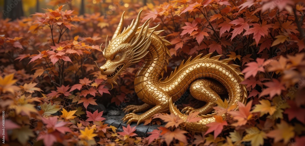 Obraz premium Golden Dragon Sculpture Partially Hidden in Vibrant Autumn Leaves