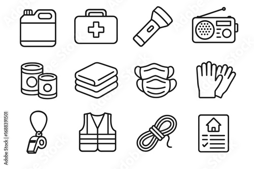 Kit goods icon flashlight vector emer whistle family canned rope gloves masks