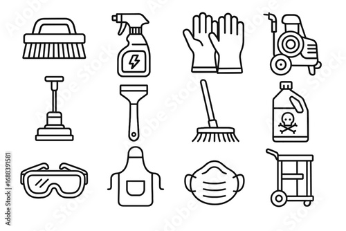 Cleaning goggles bottle apron industrial dust cleaner mask washer vector icon icons