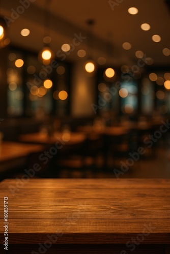 Wallpaper Mural Cozy Restaurant: A warm and inviting restaurant scene with a blurred background showcasing soft lighting and tables, perfectly complemented by a rustic wooden tabletop in the foreground. Torontodigital.ca