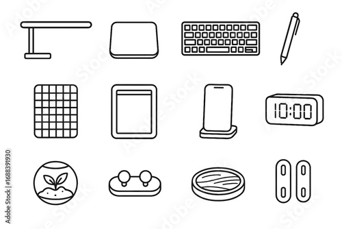 Vector desk board clock cord tech terrarium tools clips keyboard icon dock