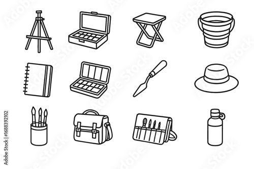 Plein folding outdoor supplies art sketchbook travel water bag icon paint vector