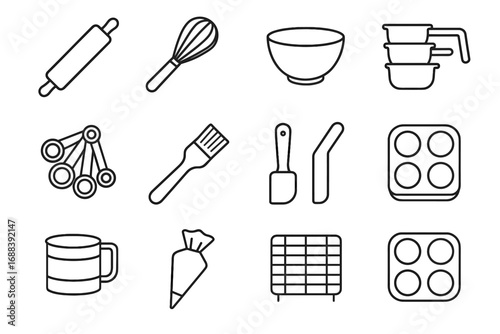 Cooling bag baking flour outline vector measuring cups spatula scraper icon utensils