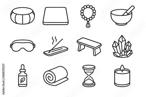 Grid icons eye vector icon crystal bench zafu bowl meditation blanket cluster