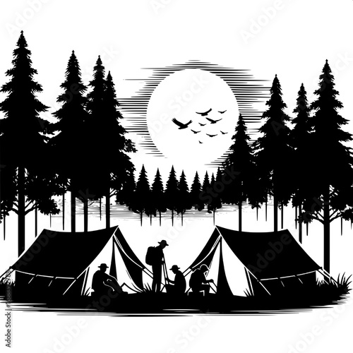 Black and White Vector Silhouette of Scout Tent Scene