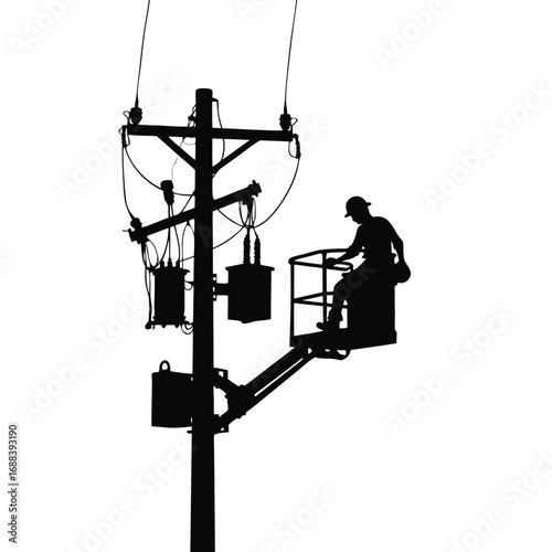 Electrician in bucket truck working on power lines silhouette