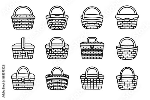 Basket handwoven wooden vector fabric rope picnic icon brass vintage wicker