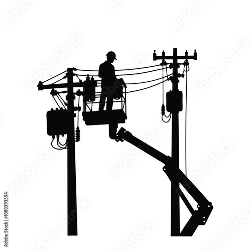 Electrician in Bucket Truck Working on Power Lines Silhouette