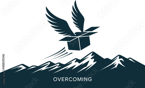A stylized illustration of a box with wings flying over mountains with the word overcoming below it