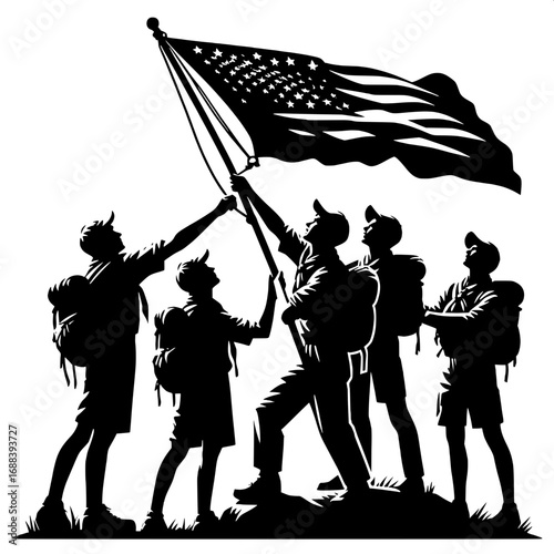Black and White Vector Silhouette of Scouts Raising Flag