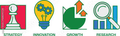 Icons representing strategy innovation growth and research with corresponding labels below each icon