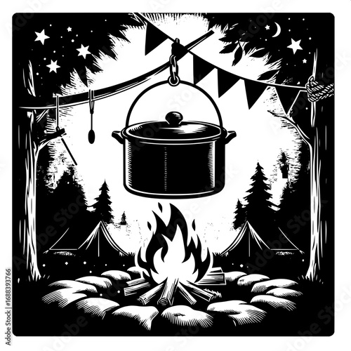 Black and White Vector Silhouette of Scout Cooking Pot