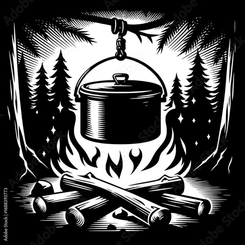 Black and White Vector Silhouette of Scout Cooking Pot