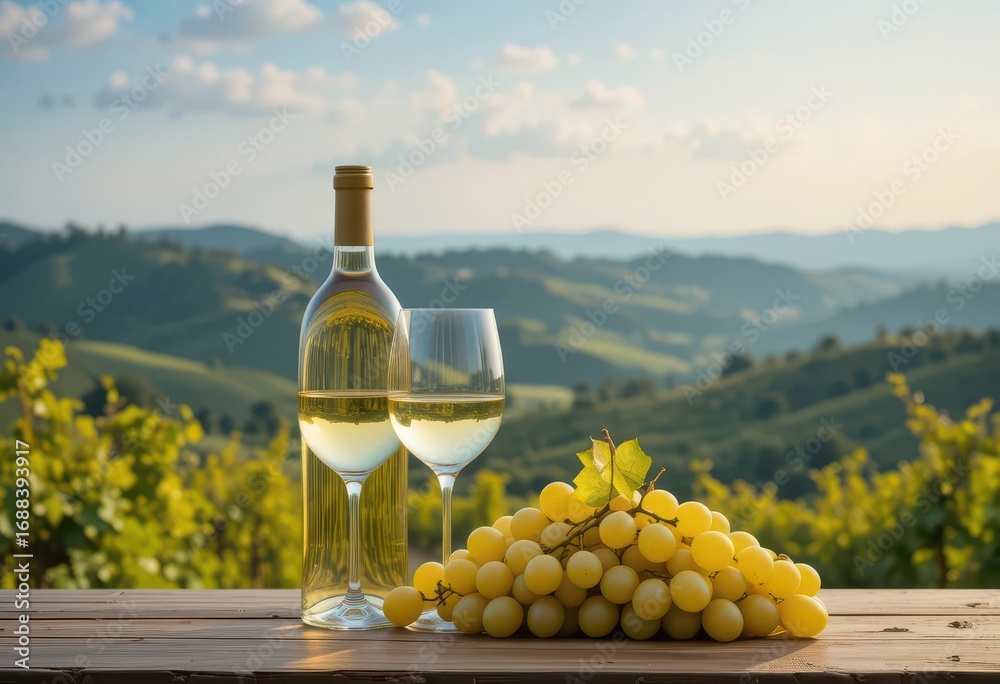 Fototapeta premium Tuscan Wine Country White Wine Glass Ripe Grapes in Front of Vine Covered Hills