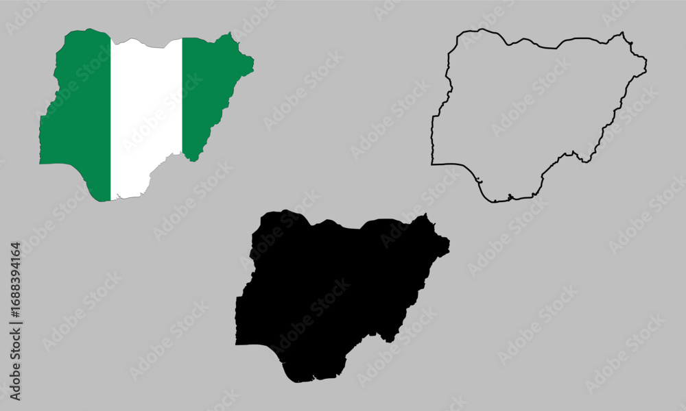 Obraz premium Maps of Nigeria. Collection of Nigeria Maps. Black Silhouette, Detailed Outline, and Flag Design