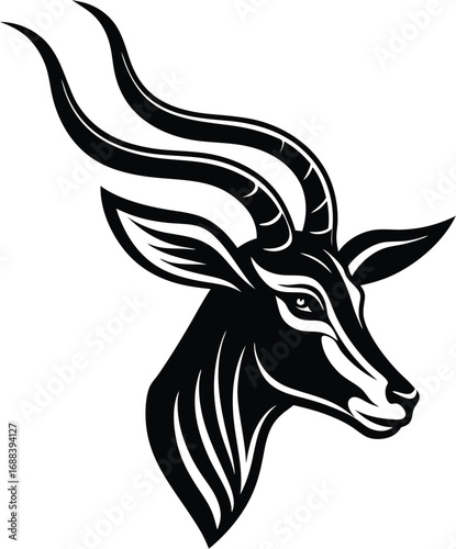 Vector art of elegant black and white vector illustration of a gazelles head with majestic, spiraling horns, showcasing grace and beauty, ideal for branding and decorative elements