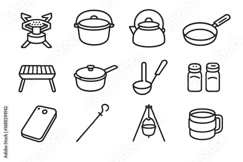 Cutting pot outdoor portable handle icon stand gear camping cooking tripod vector