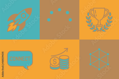 A graphic illustration with a rocket, dots, trophy, connect bubble, money, and a network design on blocks