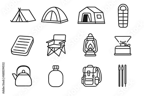 Chair camping bag gear air icons icon tent lantern dome pack canteen