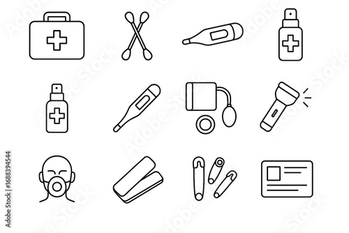 Safety adhesive emer vector spray icon cuff whistle shield card antiseptic