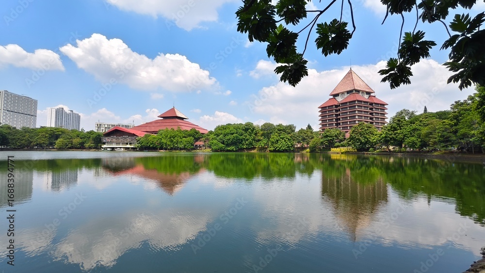Obraz premium Kenanga Lake and the Rectorate Building of the University of Indonesia (Universitas Indonesia or UI) in Depok, West Java, Indonesia
