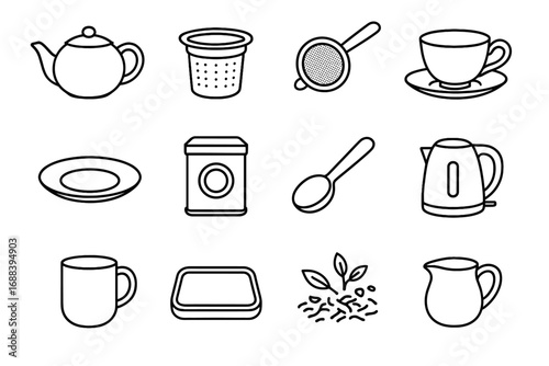 Tray spoon scoop vector infuser icon kettle brewing tea plate sifter