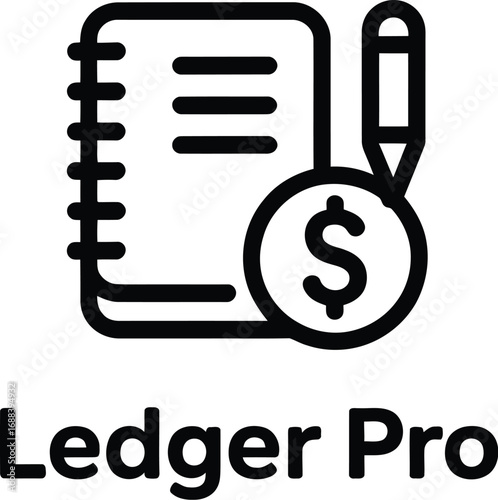 A black and white ledger pro icon showing a notebook, dollar coin, and pencil on a white background