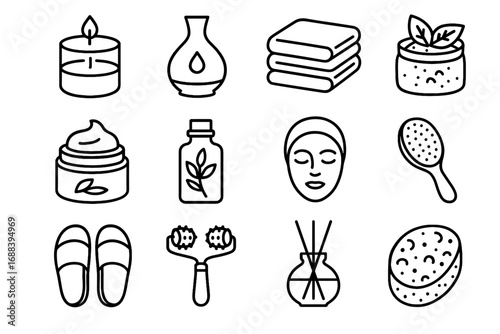 Icon vector detox wellness slippers spa massage facial aromatherapy container towels oil