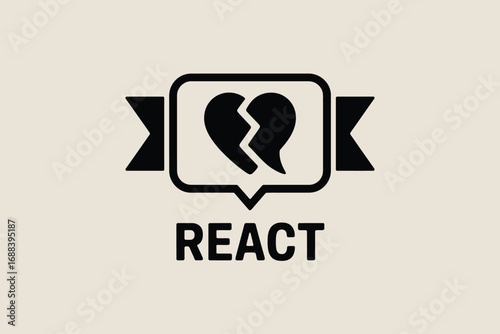 A graphic icon featuring a broken heart inside a speech bubble with the word react underneath it
