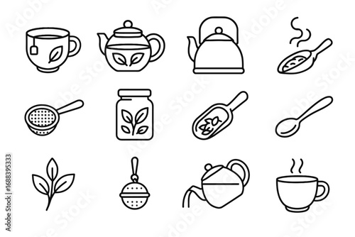 Tea vector scoop sprig jar herbal leaf sachet steam cup tool icon