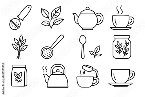 Steaming teapot kettle cup tea bundle vector icon herbal loose pouring
