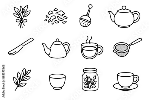 Jar dried vector icon herbal scoop pouring steaming bundle teapot tea bamboo