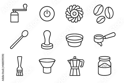 Icon tool press iconography coffee filter vector burr beans basket jar grinder