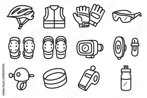 Cycling helmet icons reflective front lamp recycling whistle vector padded icon rear