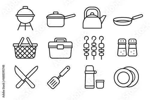 Plate picnic icon vector grill basket thermos spice skewers spatula cooking