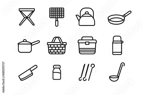 Vector basket cooking chopping foldable picnic skewers kettle thermos icon knife cooler
