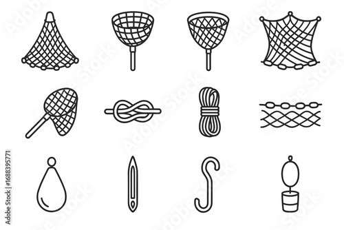 Weight fishing tools needle vector net repair buoy icon sinker float detail