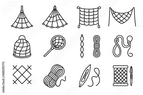 Fishing rope tools mesh dip icon line net vector knot sinker repair