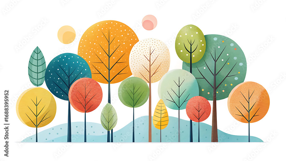 Obraz premium Minimalist flat cartoon trees with colorful circles for abstract nature design and illustration