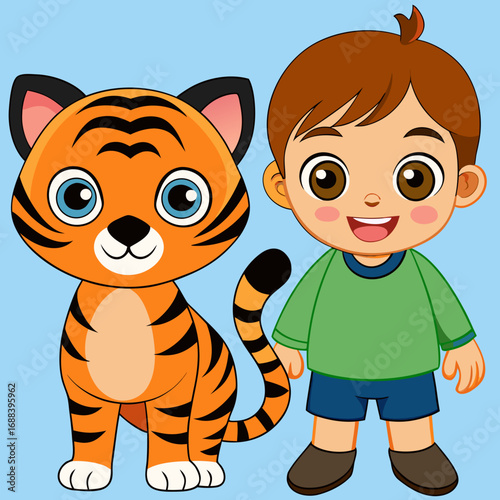 Cute cartoon boy and tiger standing together, illustration for children, educational, friendly characters, vibrant colors, simple design, blue background